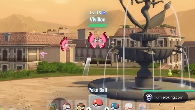 Vivillon na poziomie 15 przy fontannie w grze Pokémon