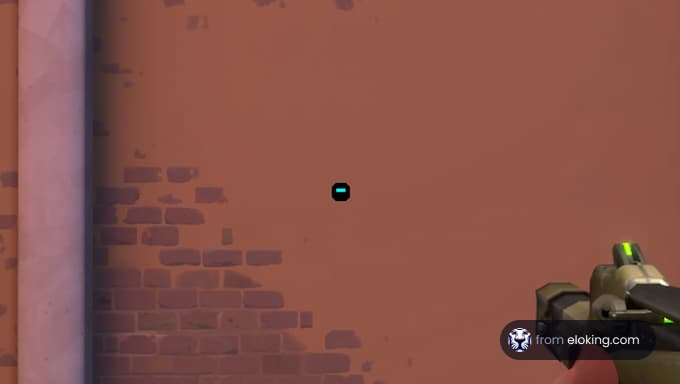 A close-up of a wall with a gun overlay.
