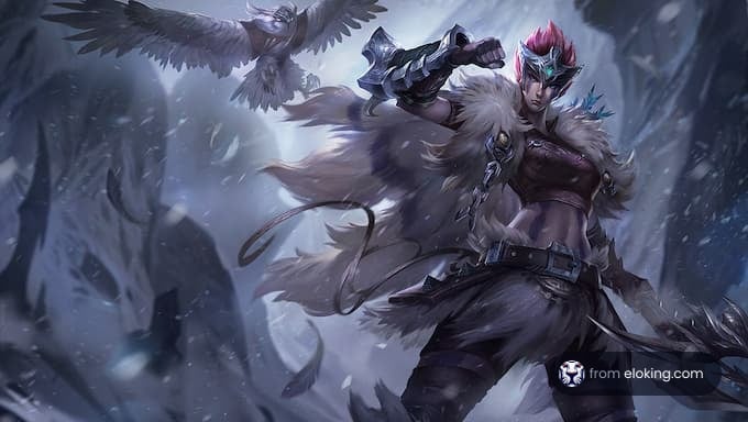 A fantasy warrior with colorful hair and a fur cloak fights amidst swirling snow and attacking birds