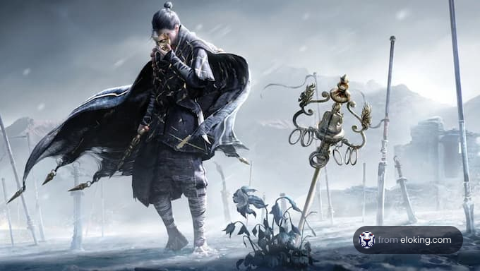 A warrior standing in a snowy landscape holding a sword