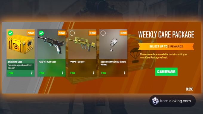 Selection screen for weekly care package in a video game showing various rewards