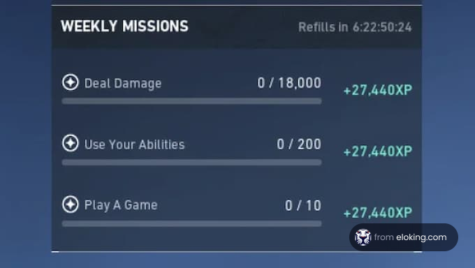 Weekly missions list in a video game showing tasks and rewards