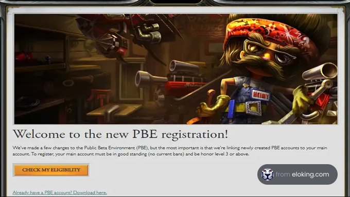 Animated character in a mechanic outfit working in a workshop with a 'Welcome to the new PBE registration' message