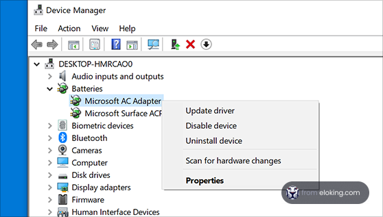 Windows Device Manager showing Microsoft Surface AC Adapter properties