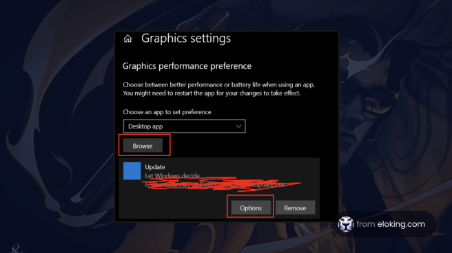 Windows graphics settings interface with preference options