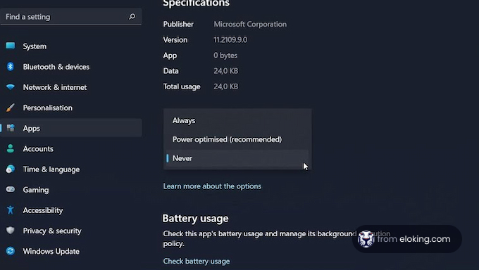 Screenshot of Windows settings showing power optimization options