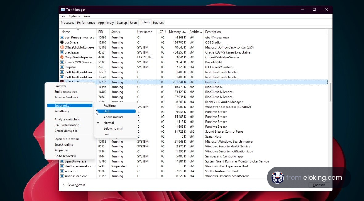 Screenshot of Windows Task Manager showing process settings menu