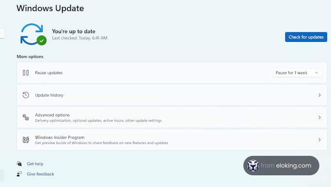 Windows Update check screen showing up-to-date status