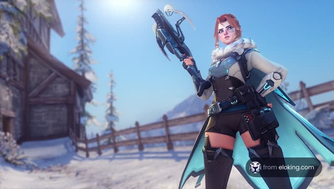 A female character in a snowy landscape holding a weapon.