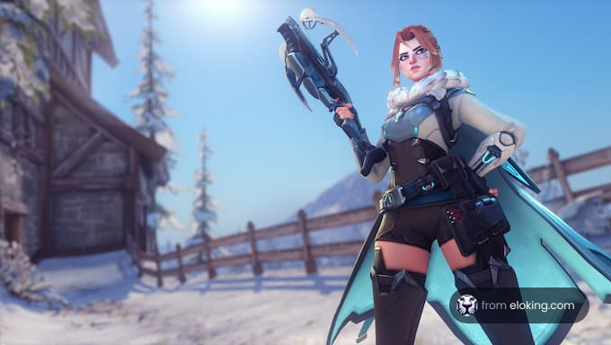 A character in winter attire holding a weapon in a snowy landscape.