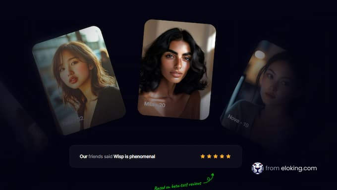 Three friends' portrait photos showing positive reviews about Wisp.