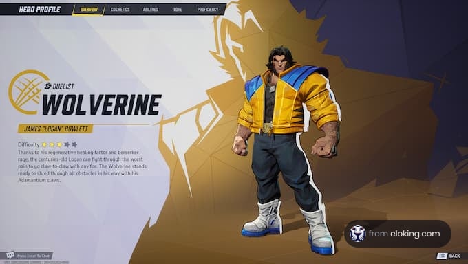 Wolverine character profile showcasing his abilities and background in a game.