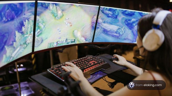 Woman intensely playing a multiplayer online battle game on a triple monitor setup