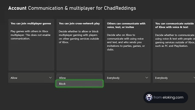 Account communication and multiplayer settings for Xbox