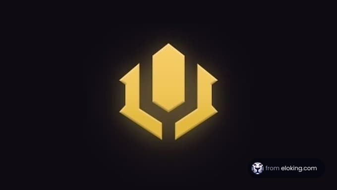 Golden yellow logo shaped like a stylized shield on a dark background