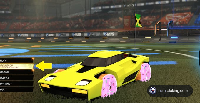 Yellow sports car with pink wheels in a virtual soccer stadium