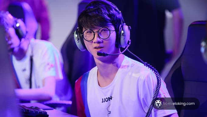 Young Asian esports player wearing headphones in a gaming tournament