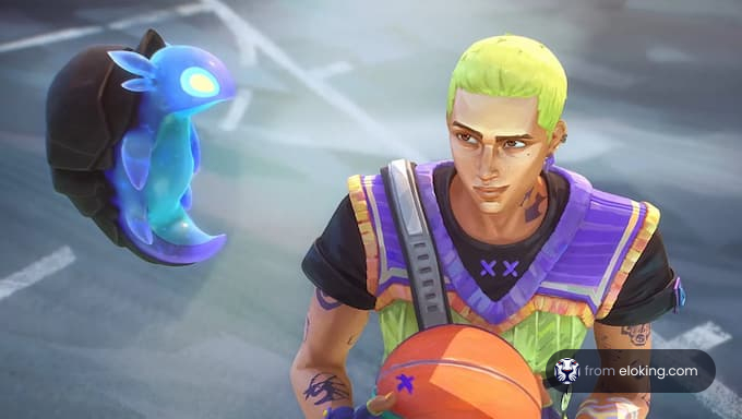 Young man with neon green hair playing basketball with a glowing blue ghostly figure