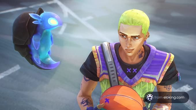 Young man with green hair playing street basketball with a glowing fantasy creature