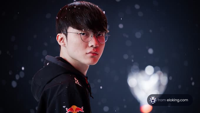 Young man with glasses in an esports arena with a snowy effect