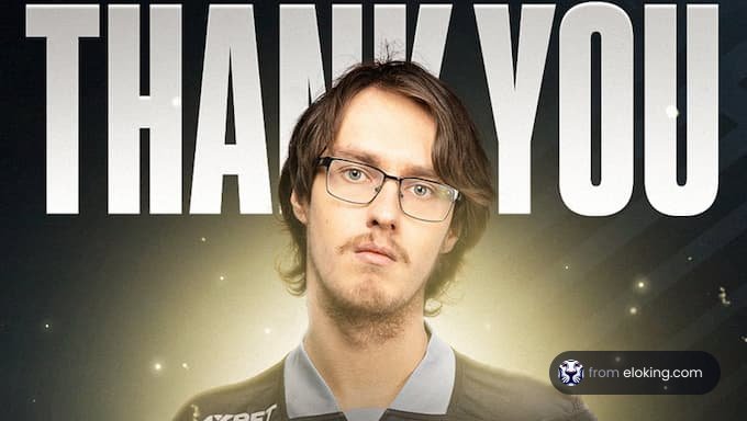 Young man with glasses standing in front of a 'THANK YOU' banner