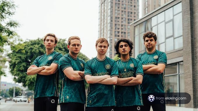 Young sports team posing confidently in an urban setting